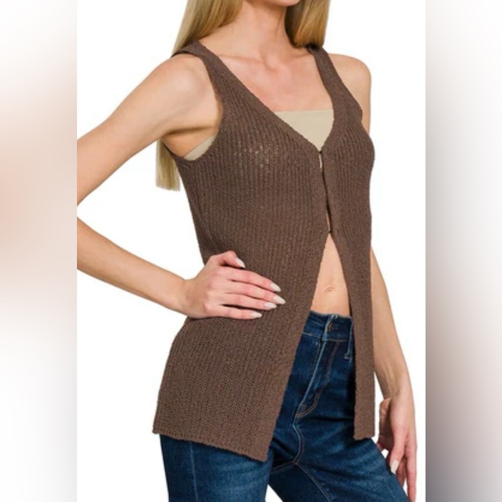 NWT Lightweight Eye-Hook Soft Fabrication Sweater Knit Vest Top Brown - Picture 7 of 9